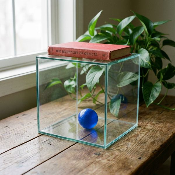 AI image generated by Nano Banana Pro, ranked #16 of 22 in the "Geometric Composition" arena challenge — prompt: A glass cube on a wooden table. Inside the cube is a small blue sphere. On top of the cube sits a red book. A green plant is behind the cube, partially visible through the glass. Soft window light from the left.