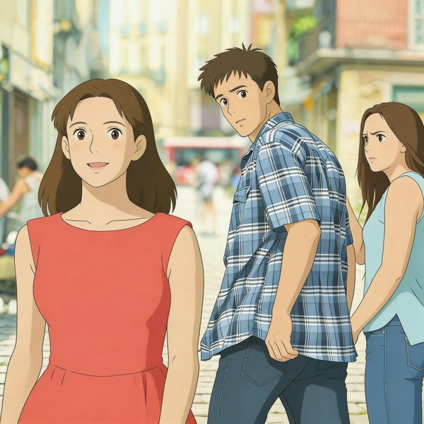 Transform this photo into a Studio Ghibli–inspired illustration. Use soft pastel colors, hand-pai...