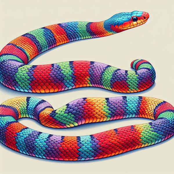AI image generated by DALL-E 3 — prompt: A photo of a brightly colored coral snake but with the bands of color red, blue, green, purple, and yellow in that exact order.