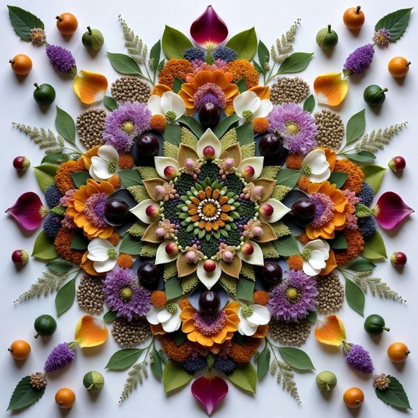 AI image generated by Grok Imagine Image, ranked #5 of 15 in the "Intricate Floral Mandala" arena challenge — prompt: Perfectly symmetrical mandala made entirely of real flowers, petals, leaves, fruits, and seeds in vibrant natural colors, intricate layered patterns with radial symmetry, top-down view on a soft neutral background, hyper-detailed organic textures and subtle shadows, photorealistic, 8K masterpiece.