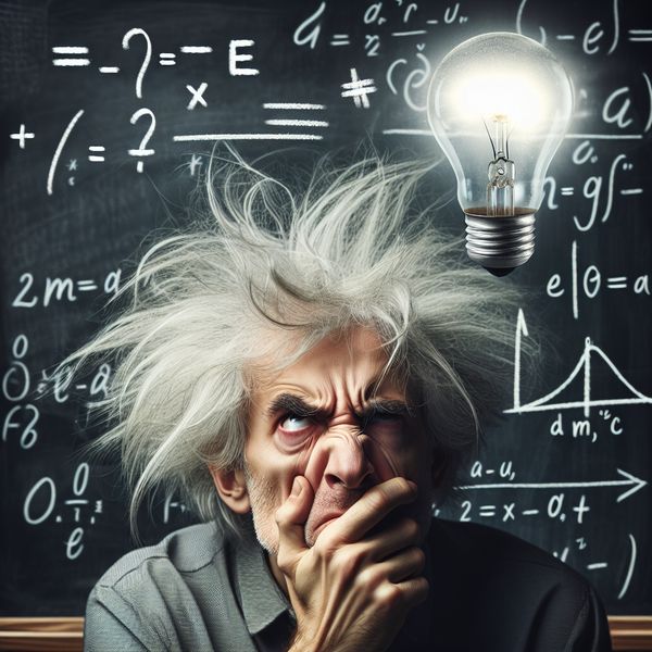 AI image generated by DALL-E 3 — prompt: A frustrated Einstein fighting a Eureka moment - the sparking idea light-bulb floats above his head, flickering and only dimly illuminating a partially obscured chalkboard with Schrödinger's equation written on it, ĤΨ = EΨ.