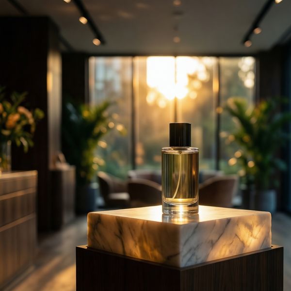 Cinematic wide shot of a high-end, contemporary artisan perfume boutique. In the center of the fr...