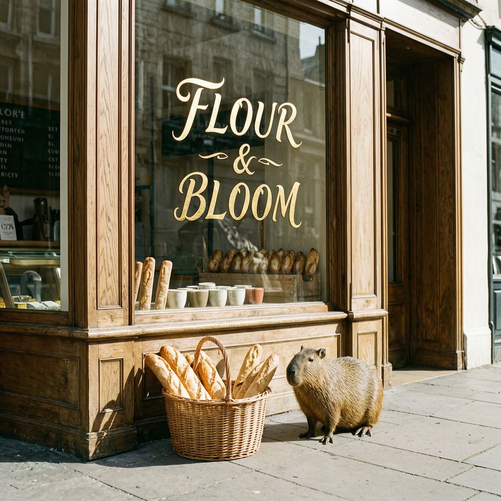Wan 2.7 generated image of A sun-drenched artisan bakery storefront with an elegant gold-leaf sign on th...