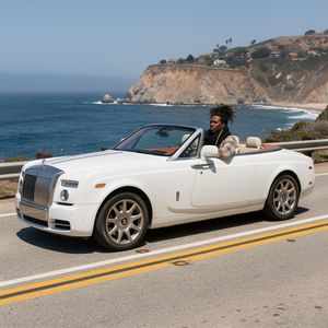 Make a photo of the man driving the car down the Californ...