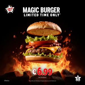 Ad for 'Magic Burger'. Dynamic, exploded burger with all ...