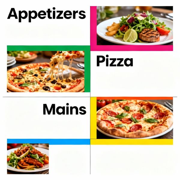 AI image generated by Seedream 4.0, ranked #19 of 19 in the "Modern Clean Menu" arena challenge — prompt: Modern minimalist restaurant menu design, white background with colorful food photos in grid, sections for appetizers/pizza/mains, bold sans-serif fonts, vibrant accents, clean professional layout for casual dining.
