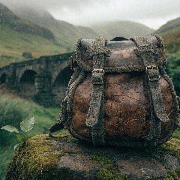 A hyper-realistic close-up of a weathered, vintage leather traveler's backpack resting on a mossy...