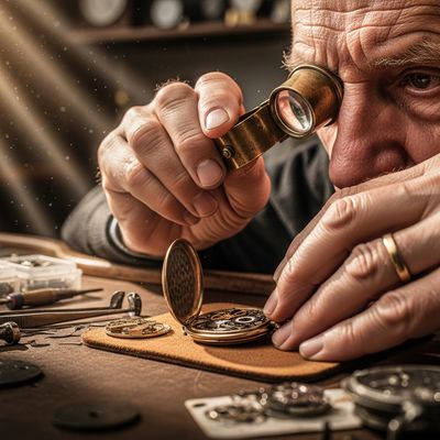 Imagen 4.0 Ultra Generate 001 generated image of A hyper-realistic close-up portrait of an elderly watchmaker in a sun-drenche...
