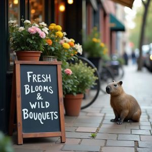 A cozy street-side flower shop with a slate chalkboard si...