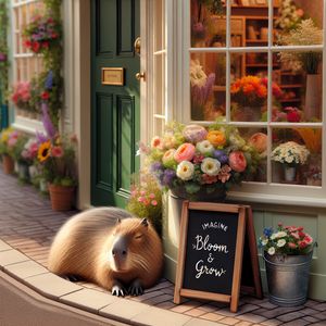 A cozy street-side flower shop with a chalkboard sign tha...