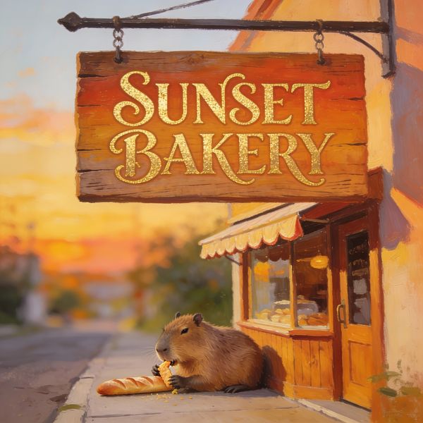 AI image generated by Seedream 4.5 — prompt: A vibrant, hand-painted wooden sign for a "SUNSET BAKERY" hanging over a cozy storefront. The typography is elegant gold leaf script. In the soft-focus background, a capybara sits peacefully on the sidewalk, nibbling on a stray baguette.