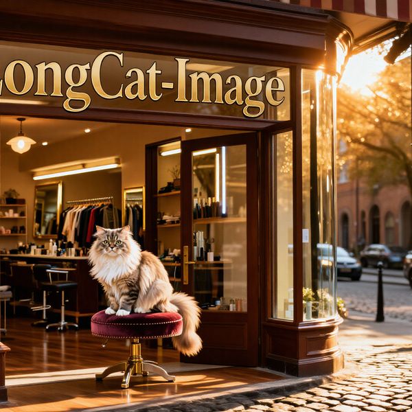 A wide, cinematic 16:9 shot of a high-end, boutique pet grooming salon at golden hour. The storef...