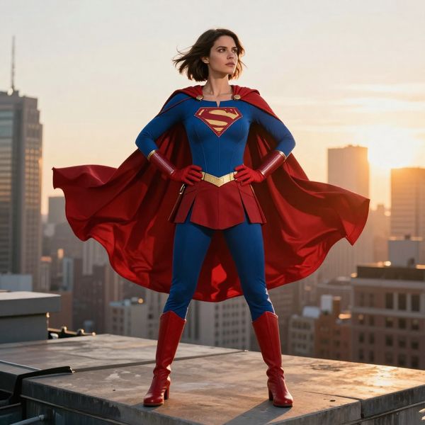 AI image generated by Z-Image Turbo, ranked #15 of 21 in the "Heroic Super Hero Portrait" arena challenge — prompt: Hyper-photorealistic full-body portrait of a female superhero standing triumphantly on a New York skyscraper rooftop at golden sunset, wearing a classic modest superhero costume with flowing cape, chest emblem, gloves, and boots in red and blue colors, practical design, short hair, strong determined heroic expression looking into the distance, powerful confident stance with hands on hips and cape billowing dramatically in the wind, detailed urban cityscape background, warm natural sunlight with sharp shadows and fabric highlights, ultra-sharp textures on suit, hair, and concrete, 8K masterpiece, empowering family-friendly style.