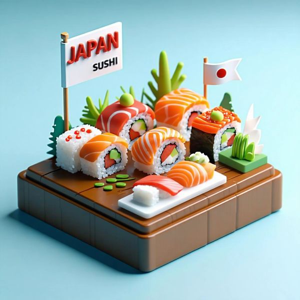 Create a clear, 45° top-down isometric miniature 3D cartoon scene of Japan's signature dish: sush...