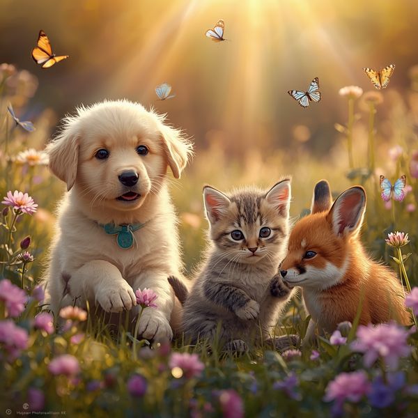 AI image generated by Lucid Origin, ranked #16 of 27 in the "Adorable Baby Animals in Sunny Meadow" arena challenge — prompt: Hyper-photorealistic scene of fluffy baby animals—a golden retriever puppy, tabby kitten, baby bunny, and red fox kit—with big expressive eyes and ultra-detailed soft fur, playfully chasing butterflies and tumbling together in a lush wildflower meadow, warm golden sunrise light with god rays and dew sparkles, joyful wholesome vibe, 8K masterpiece.