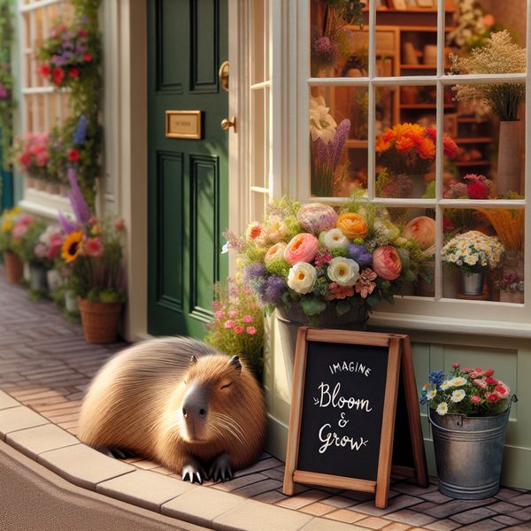 A cozy street-side flower shop with a chalkboard sign that says "BLOOM & GROW" in elegant cursive...