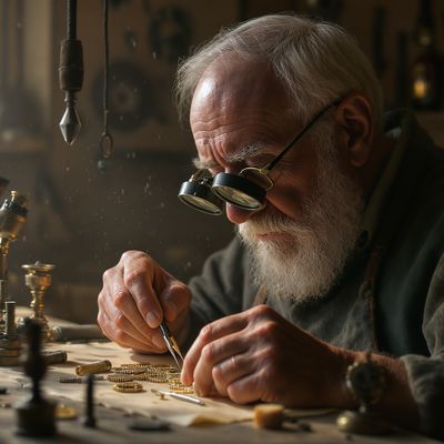 FLUX.1 Kontext [pro] generated image of A hyper-realistic close-up portrait of an elderly artisan watchmaker at work ...