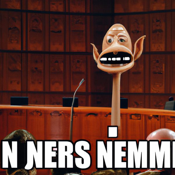 AI image generated by DALL-E 2 — prompt: Jar Jar Binks at the Nuremberg Trials