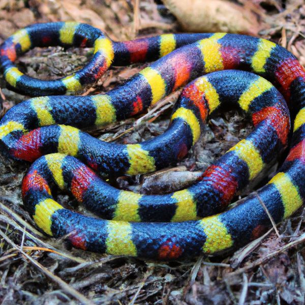 AI image generated by DALL-E 2 — prompt: A photo of a brightly colored coral snake but with the bands of color red, blue, green, purple, and yellow in that exact order.