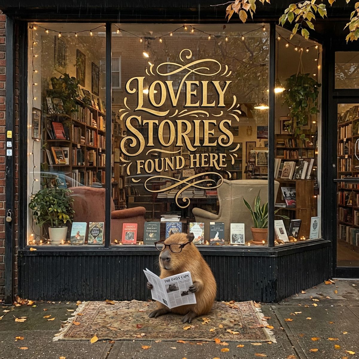 Nano Banana Pro generated image of A cozy indie bookstore storefront with a large glass window displaying a hand...