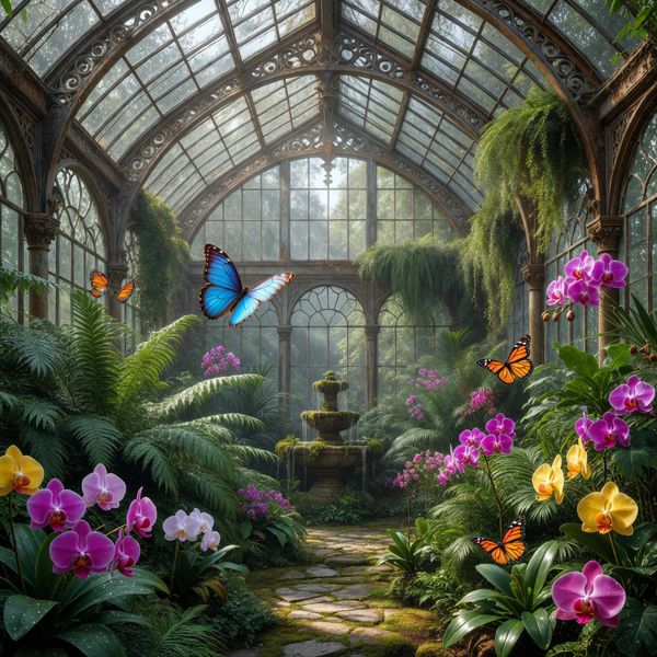 AI image generated by Grok Imagine Image Pro, ranked #16 of 17 in the "Victorian Greenhouse Oasis" arena challenge — prompt: Hyper-photorealistic interior of a lush Victorian glass greenhouse filled with exotic tropical plants, vibrant blooming orchids, tall ferns, colorful butterflies in flight, sunlight filtering through ornate glass roof creating realistic caustics and dew on leaves, intricate iron framework visible, misty atmosphere, 8K masterpiece.