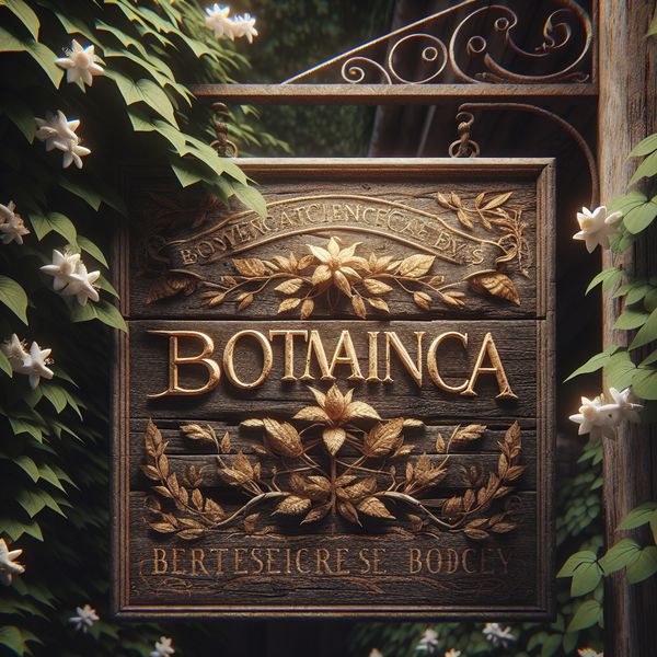 AI image generated by DALL-E 3 — prompt: A hyper-realistic, macro close-up of a rustic wooden sign hanging outside an old-fashioned apothecary. The weathered wood grain is visible, with elegant, deeply engraved serif lettering that reads "BOTANICA" filled with aged gold leaf. Lush, dark green ivy and delicate white jasmine flowers frame the edges of the sign. Soft, dappled sunlight filters through overhead trees, creating a warm, organic atmosphere with a shallow depth of field. High-resolution photography, 4:3 aspect ratio.