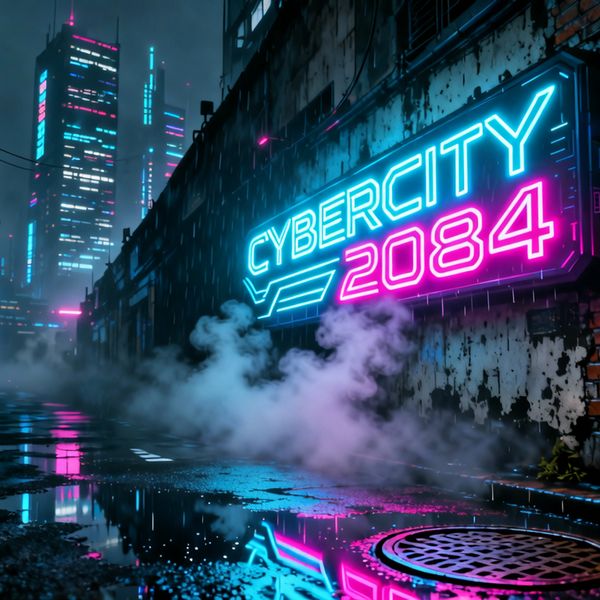 A hyper-realistic neon sign flickering "CYBERCITY 2084" against a rain-slicked Tokyo alley, cinem...