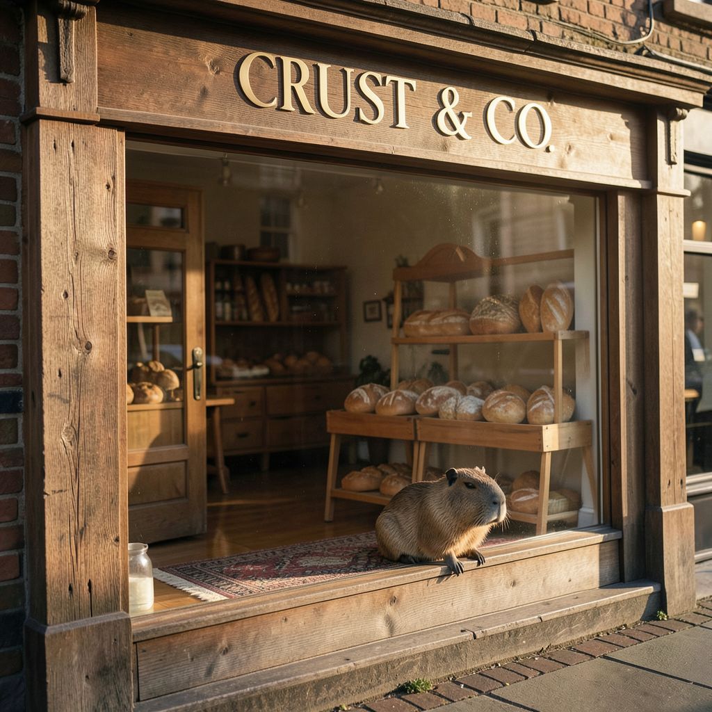 FLUX.2 [klein] 4B generated image of A rustic wooden storefront of a boutique bakery named "CRUST & CO." in elegan...