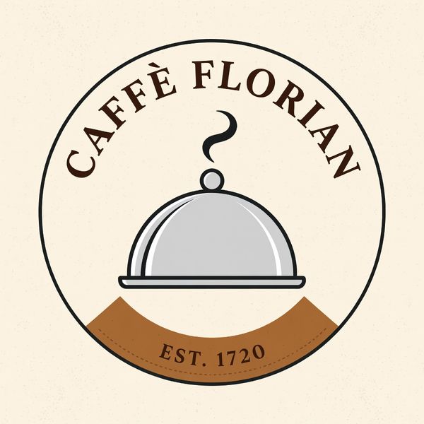 Vintage minimalist restaurant logo for "Caffè Florian", retro cloche dome with steam and "Est. 17...