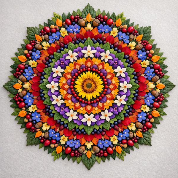 AI image generated by GPT Image 1.5, ranked #13 of 15 in the "Intricate Floral Mandala" arena challenge — prompt: Perfectly symmetrical mandala made entirely of real flowers, petals, leaves, fruits, and seeds in vibrant natural colors, intricate layered patterns with radial symmetry, top-down view on a soft neutral background, hyper-detailed organic textures and subtle shadows, photorealistic, 8K masterpiece.