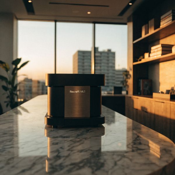 AI image generated by Recraft V4.1 — prompt: A cinematic, wide-angle shot of a sophisticated, high-end design studio at sunset. In the center of the frame, a sleek, matte-black espresso machine sits on a polished marble counter, featuring the brand name "Recraft V4.1" elegantly etched into the brushed metal front in a minimalist, modern typeface. Warm golden hour light streams through floor-to-ceiling windows, creating long shadows and highlighting the rich textures of walnut cabinetry and indoor greenery. The composition is clean and professional, with a shallow depth of field focusing on the exquisite typography of the logo, 16:9 aspect ratio, professional color grading.