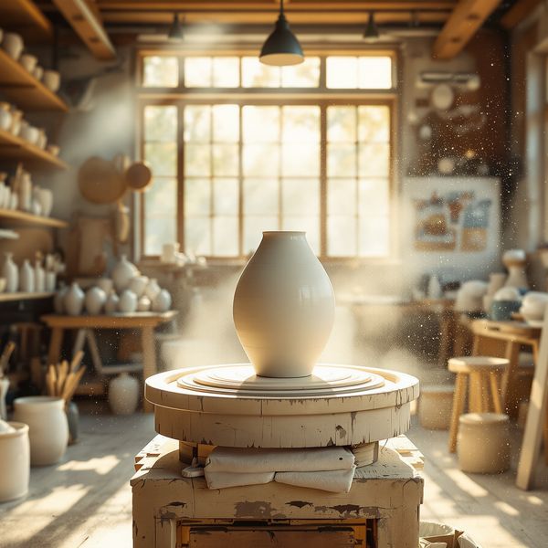 AI image generated by FLUX1.1 [pro] Ultra — prompt: Cinematic wide shot of a master ceramicist's sun-drenched atelier. In the center, a weathered wooden potter's wheel spins, topped with a pristine, half-formed white porcelain vase. Fine clay dust dances in the golden afternoon light streaming through large industrial windows. The background is a soft-focus blur of floor-to-ceiling wooden racks filled with drying earthenware, hand-labeled jars of glazes, and rugged iron sculpting tools. High-end editorial photography style, incredibly sharp textures, shallow depth of field, 8k resolution.