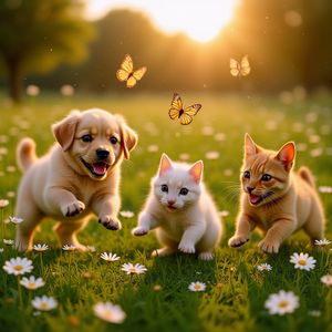 Hyper-photorealistic scene of fluffy baby animals—a golde...