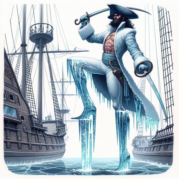 AI image generated by DALL-E 3 — prompt: A fantasy illustration of an arctic pirate on the bridge of their galleon ship. The pirate has a stilted peg leg made out of pure ice and wields a cutlass.