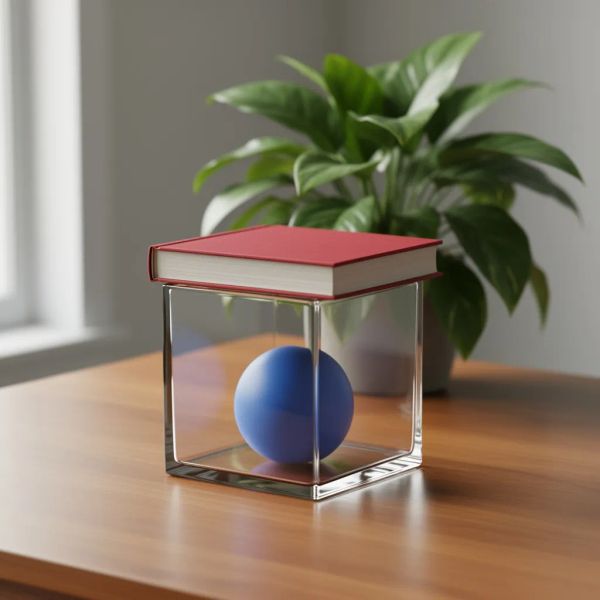 AI image generated by FLUX.2 [flex], ranked #7 of 22 in the "Geometric Composition" arena challenge — prompt: A glass cube on a wooden table. Inside the cube is a small blue sphere. On top of the cube sits a red book. A green plant is behind the cube, partially visible through the glass. Soft window light from the left.