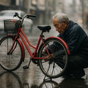 A candid street photo of an elderly Japanese man repairin...