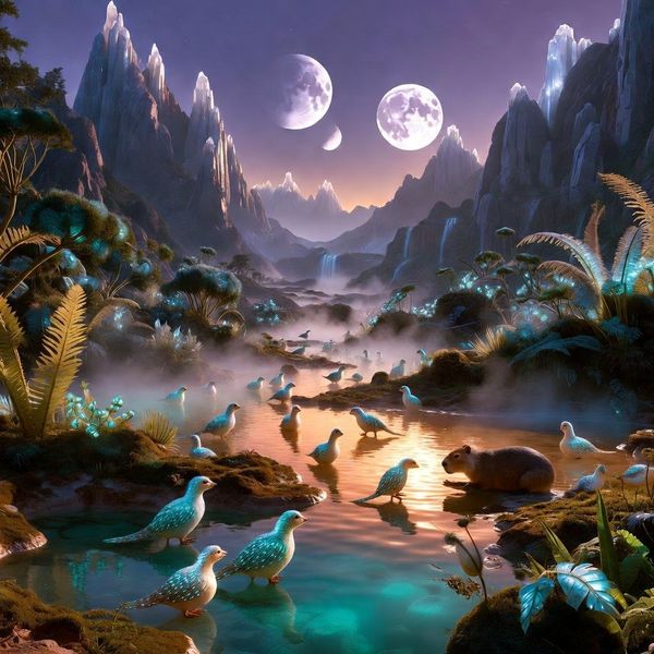 AI image generated by Grok Imagine Image — prompt: A serene geothermal valley on a lush exoplanet at twilight, with steaming turquoise hot springs nestled among glowing alien ferns and bioluminescent moss. Multiple small bird-like creatures and one capybara relax together in the shallow warm waters, half-submerged and completely at ease, as if this is their natural habitat. Twin moons rise above jagged crystal mountains, casting soft purple light across the scene. Gentle steam curls into the cool air, distant waterfalls glow faintly, warm amber and teal color grading, peaceful and wondrous atmosphere, 16:9 aspect ratio, hyper-realistic, serene cinematic aesthetic.