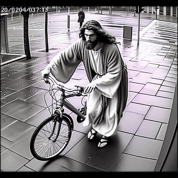 AI image generated by DALL-E 3 — prompt: CCTV footage of Jesus Christ stealing a bike