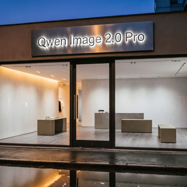 AI image generated by Qwen Image 2.0 Pro — prompt: A wide, cinematic 16:9 shot of a high-end, contemporary boutique storefront at dusk. The shop’s large glass window reveals a warm, minimalist interior. Mounted above the entrance is a sleek, backlit architectural sign made of brushed metal and soft white LED lettering that reads "Qwen Image 2.0 Pro". The street is slightly damp, reflecting the vibrant amber glow of the shop lights and the deep indigo of the twilight sky. Professional color grading with rich shadows and sharp, crisp details.