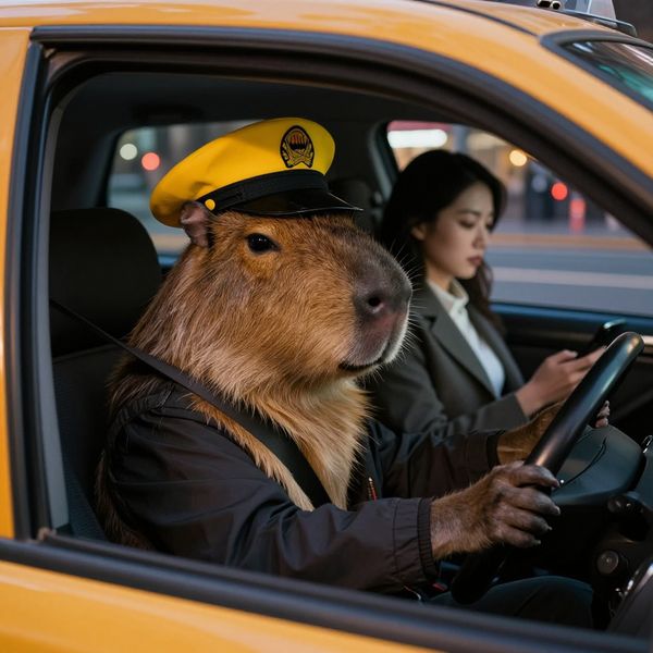 Winning image by Z-Image Turbo for The Capybara Taxi Driver