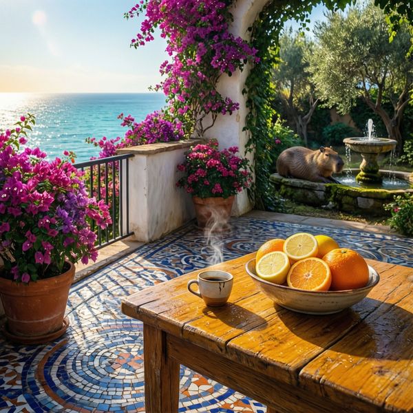 AI image generated by Qwen Image Max — prompt: A sun-drenched Mediterranean villa balcony overlooking a turquoise sea, featuring intricate mosaic tiles and lush bougainvillea. A rustic wooden table holds fresh citrus and espresso. In the distant garden below, a capybara naps by a fountain.