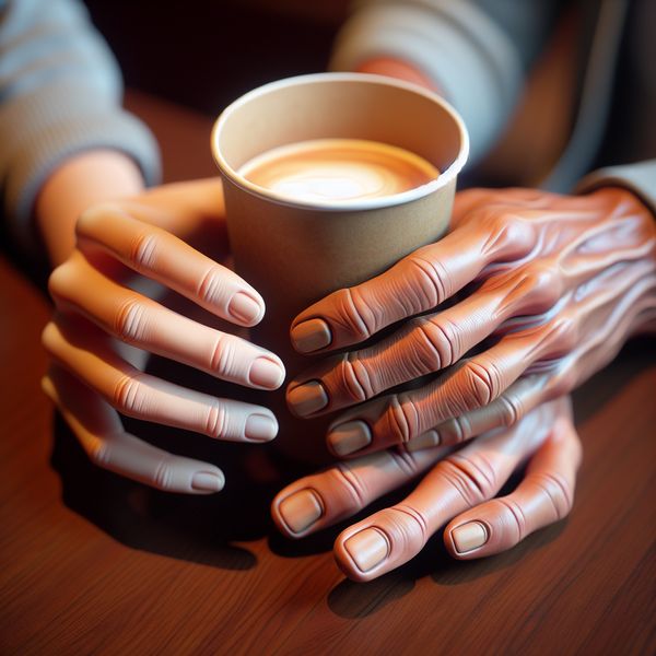 AI image generated by DALL-E 3 — prompt: close-up photo of two realistic human hands holding a coffee cup, ten fingers visible, natural anatomy, no extra fingers
