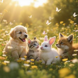 Hyper-photorealistic scene of fluffy baby animals—a golde...