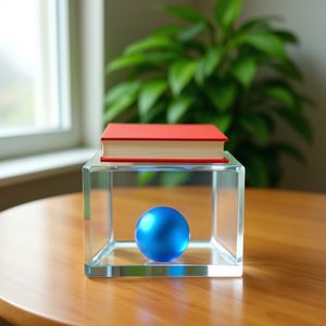 A glass cube on a wooden table. Inside the cube is a smal...