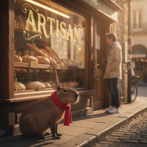 A cozy street-side bakery window reflecting the morning s...