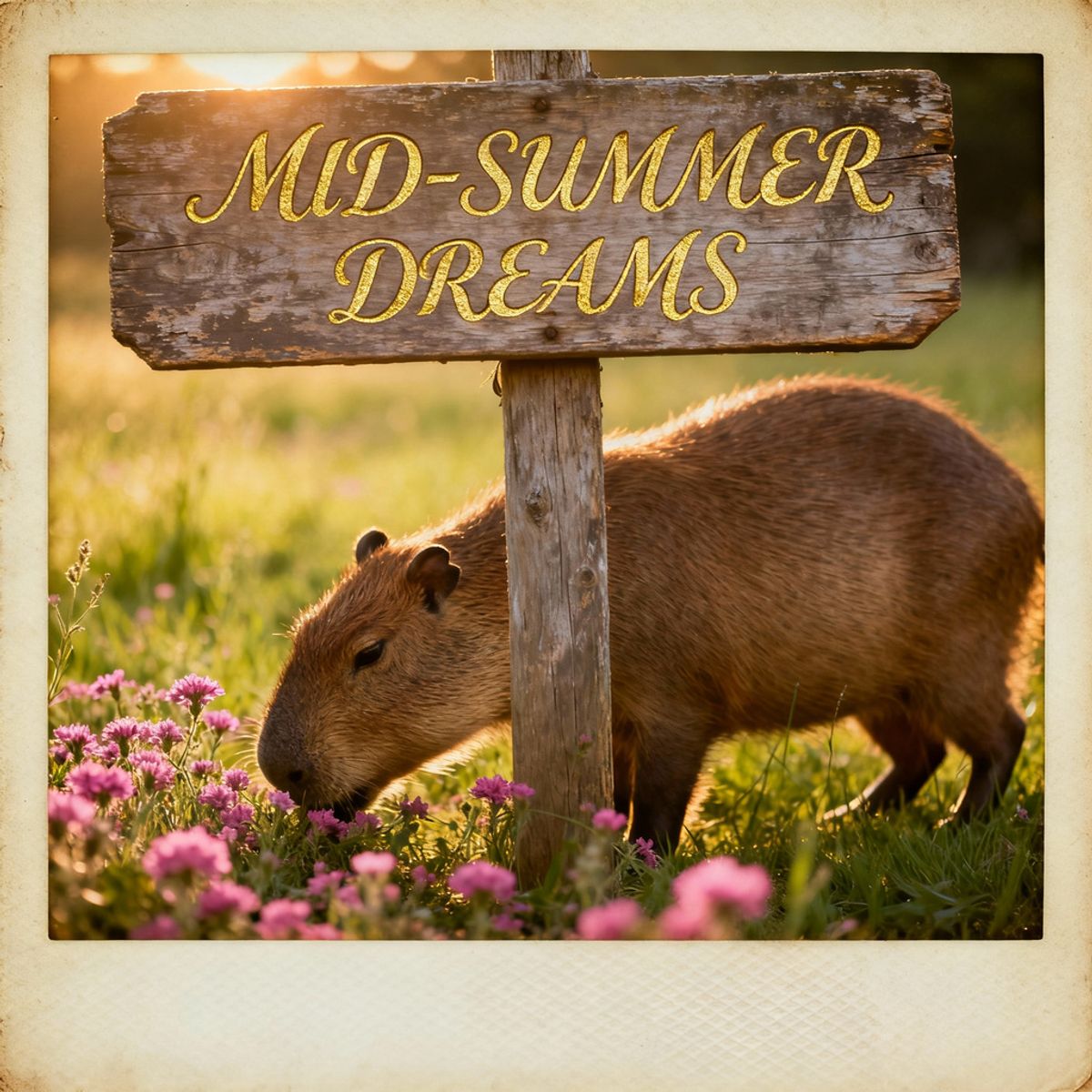 Riverflow 2 Standard Preview generated image of A nostalgic polaroid of a rustic wooden sign that reads "MID-SUMMER DREAMS" i...