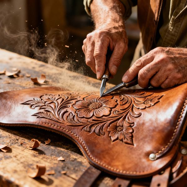 AI image generated by Riverflow 2 Fast Preview — prompt: A hyper-realistic close-up of an weathered, olive-skinned artisan's hands meticulously carving intricate floral patterns into a thick piece of saddle leather. Soft, directional sunlight streams across a rustic wooden workbench, illuminating swirling dust motes and highlighting the rich textures of the leather grain, metal carving tools, and small shavings. Shallow depth of field, warm cinematic lighting, 8k resolution, shot on 85mm lens.