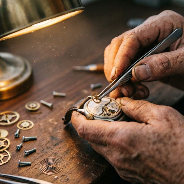 AI image generated by Qwen Image 2.0 Pro — prompt: A hyper-realistic close-up of an elderly craftsman's weathered hands meticulously assembling a vintage mechanical watch. The scene is bathed in the warm, soft glow of a desk lamp, highlighting the intricate brass gears, tiny screws, and delicate springs scattered on a dark wood workbench. Dust particles dance in the light, and the shallow depth of field keeps the focus on the precision movement of the tweezers. 4:3 landscape, cinematic lighting, macro photography, 8k resolution.