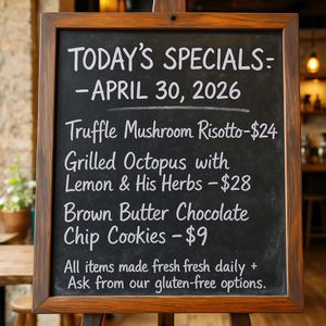 Handwritten-style chalkboard menu in a cozy café, all tex...