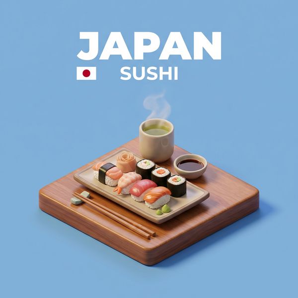 AI image generated by Nano Banana Pro, ranked #3 of 21 in the "Isometric Miniature Diorama Scenes" arena challenge — prompt: Create a clear, 45° top-down isometric miniature 3D cartoon scene of Japan's signature dish: sushi, with soft refined textures, realistic PBR materials, gentle lighting, on a small raised diorama base with minimal garnish and plate. Solid light blue background. At top-center: 'JAPAN' in large bold text, 'SUSHI' below it, small flag icon. Perfectly centered, ultra-clean, high-clarity, square format.